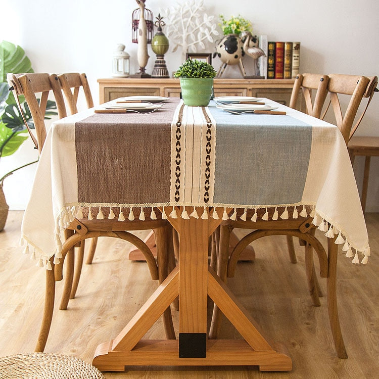 Plaid Linen-Blend Tassel Tablecloth