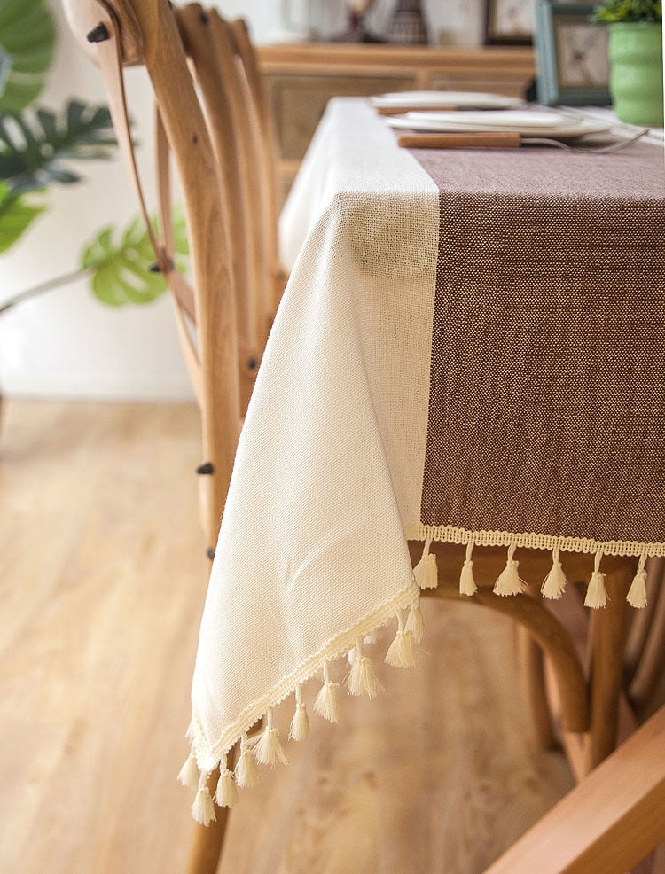 Plaid Linen-Blend Tassel Tablecloth