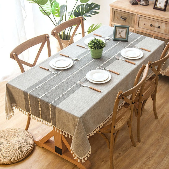 Plaid Linen-Blend Tassel Tablecloth