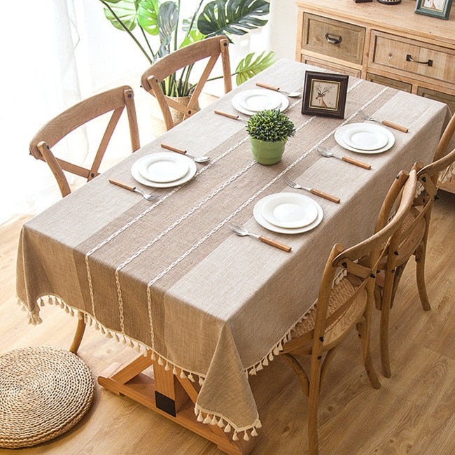 Plaid Linen-Blend Tassel Tablecloth