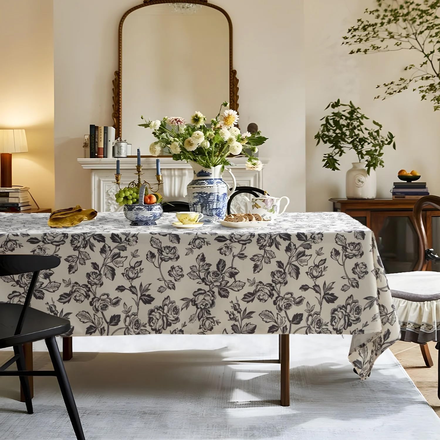 Vintage Black Rose Floral Tablecloth