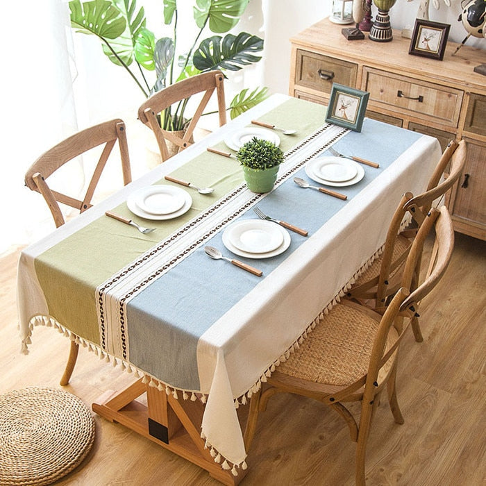 Plaid Linen-Blend Tassel Tablecloth