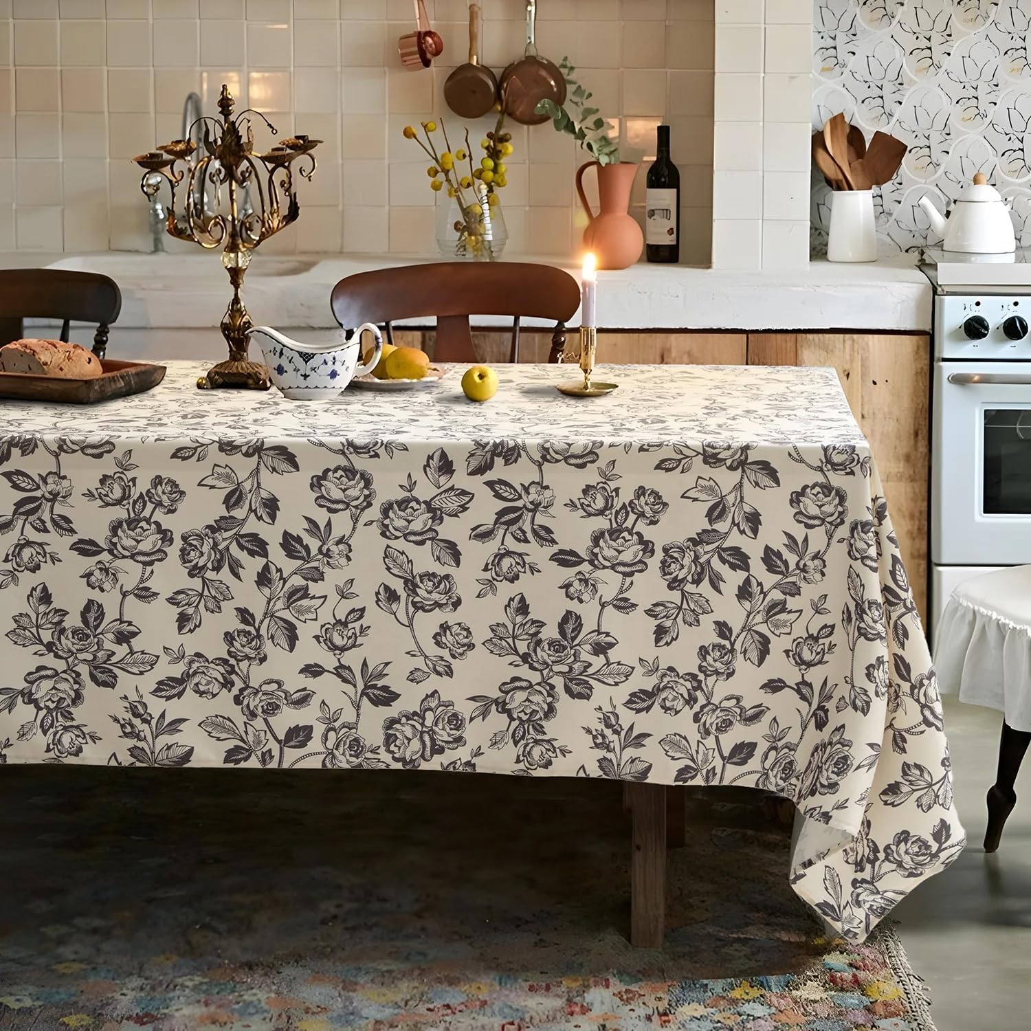 Vintage Black Rose Floral Tablecloth