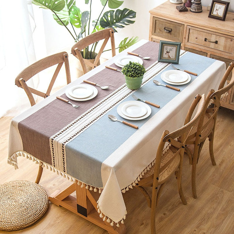 Plaid Linen-Blend Tassel Tablecloth
