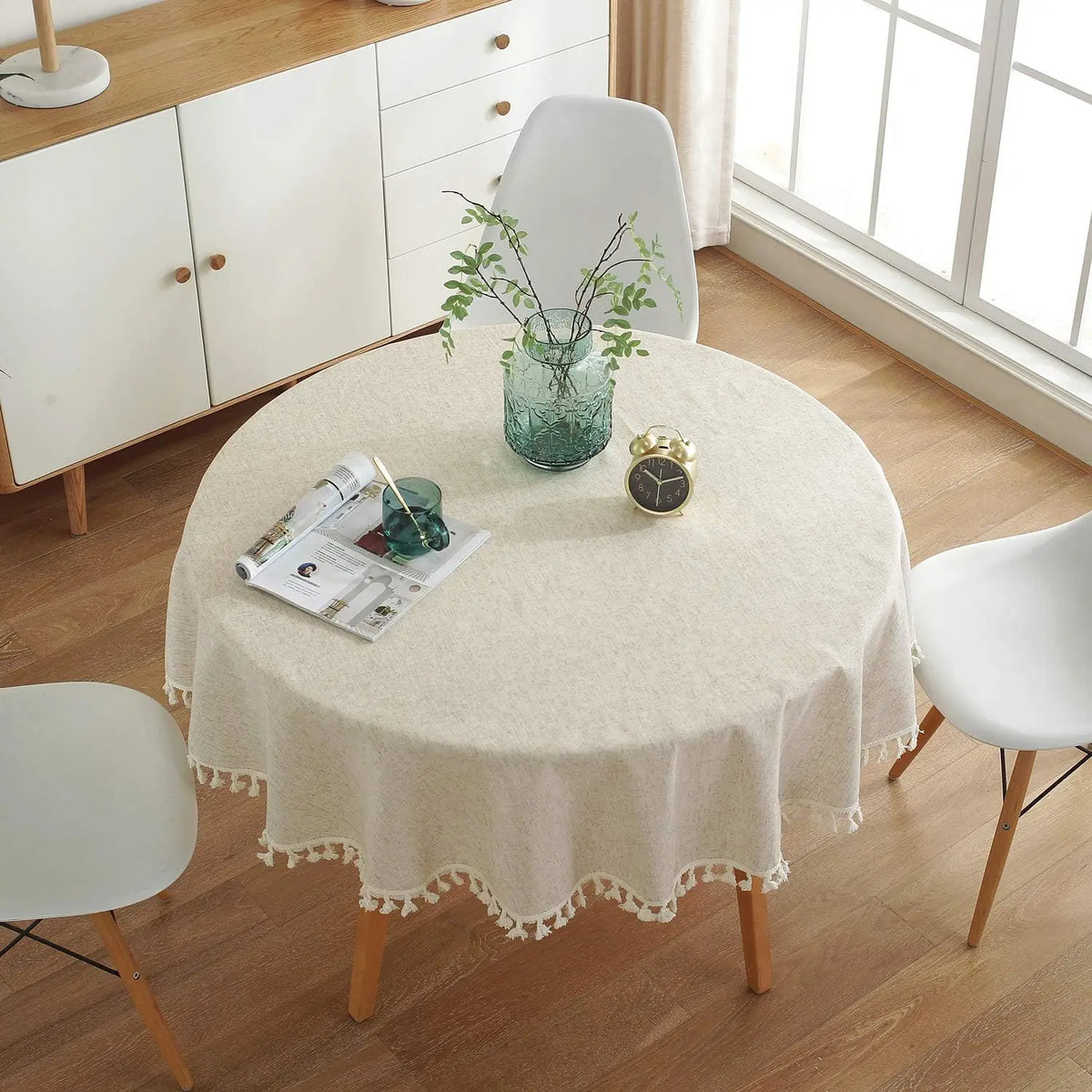 Solid Cotton-Linen Round Tassel Tablecloth