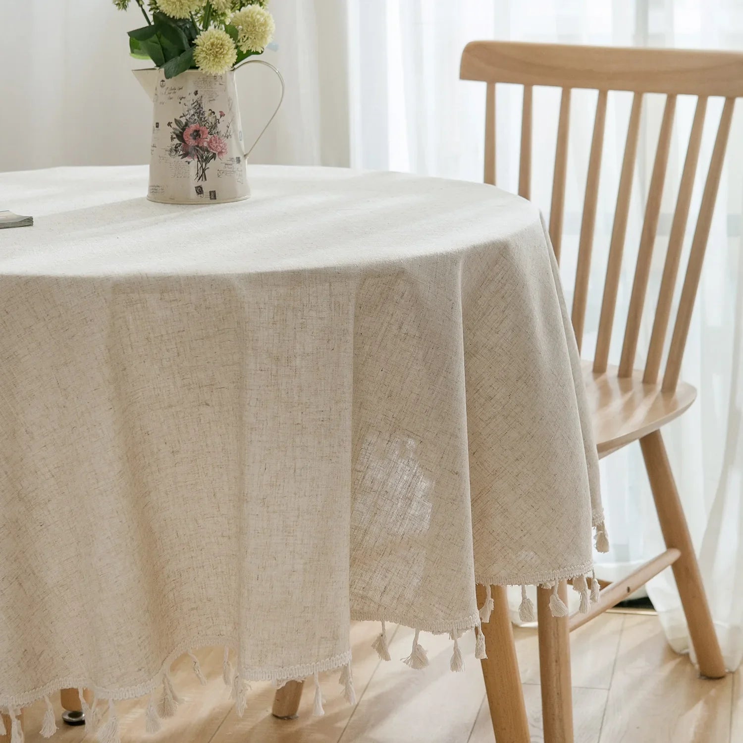 Solid Cotton-Linen Round Tassel Tablecloth
