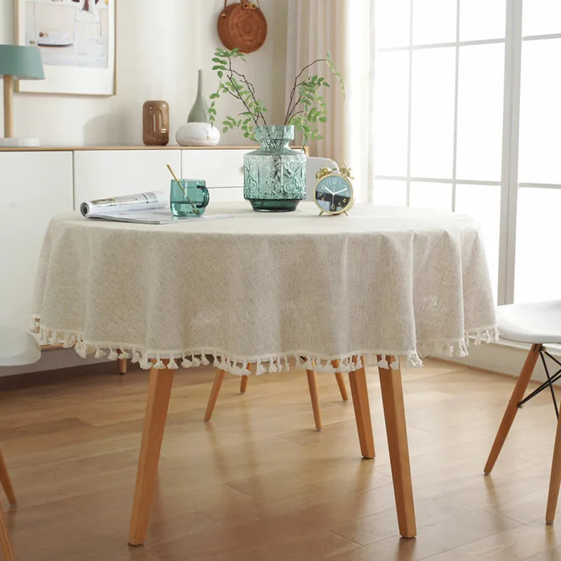 Solid Cotton-Linen Round Tassel Tablecloth