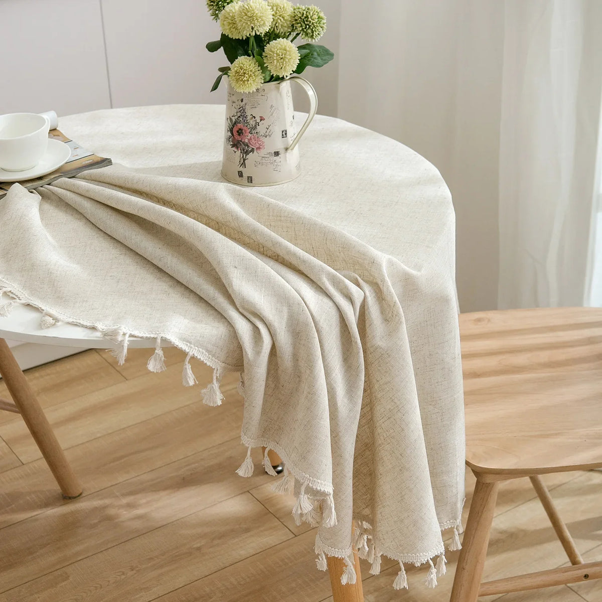 Solid Cotton-Linen Round Tassel Tablecloth