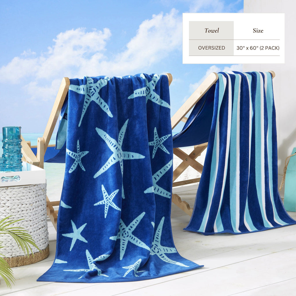 Maui Cotton Velour Beach Towel in vibrant green designs displayed on a chair by the beach.