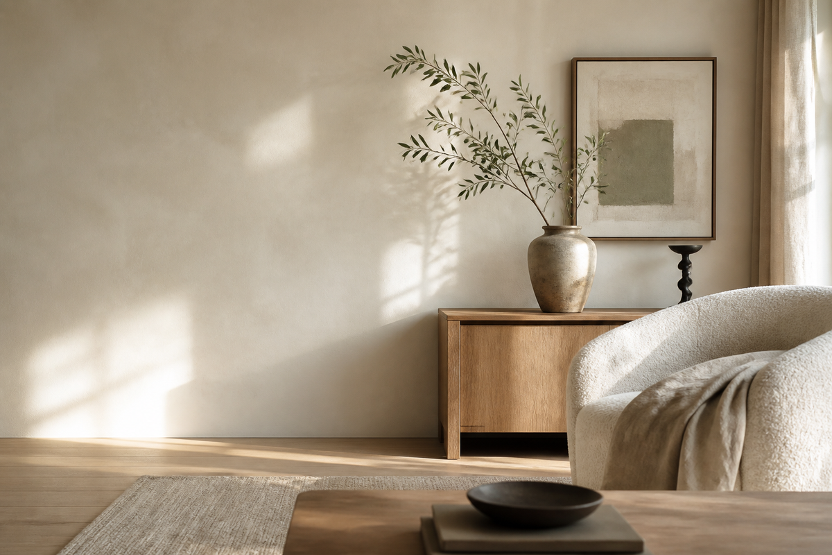 Elegant neutral living room with cream chair and wooden sideboard
