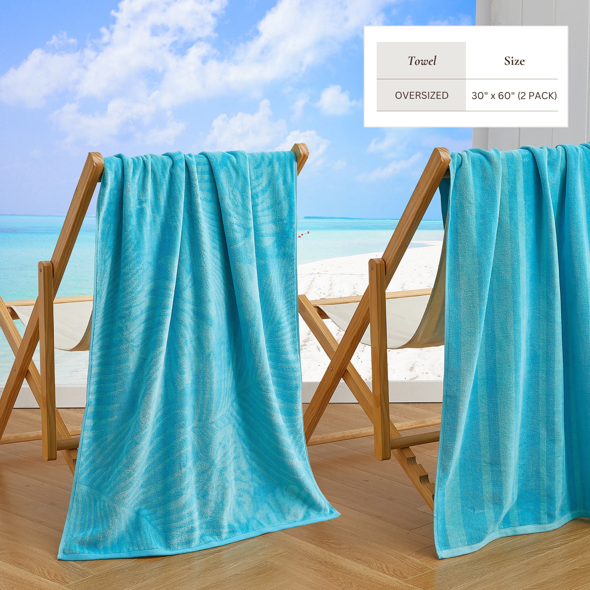 Maui Cotton Velour Beach Towel in vibrant green designs displayed on a chair by the beach.