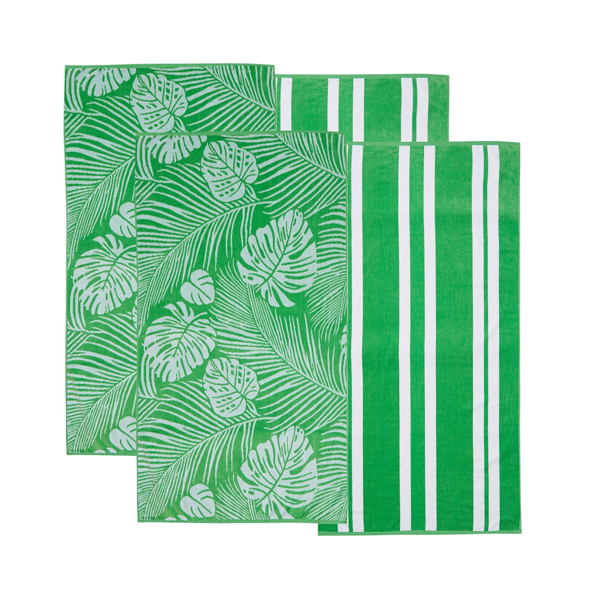 Maui Cotton Velour Beach Towel in vibrant green designs displayed on a chair by the beach.