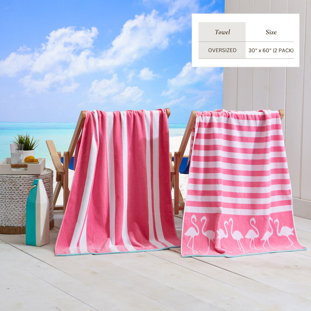 Maui Cotton Velour Beach Towel in vibrant green designs displayed on a chair by the beach.
