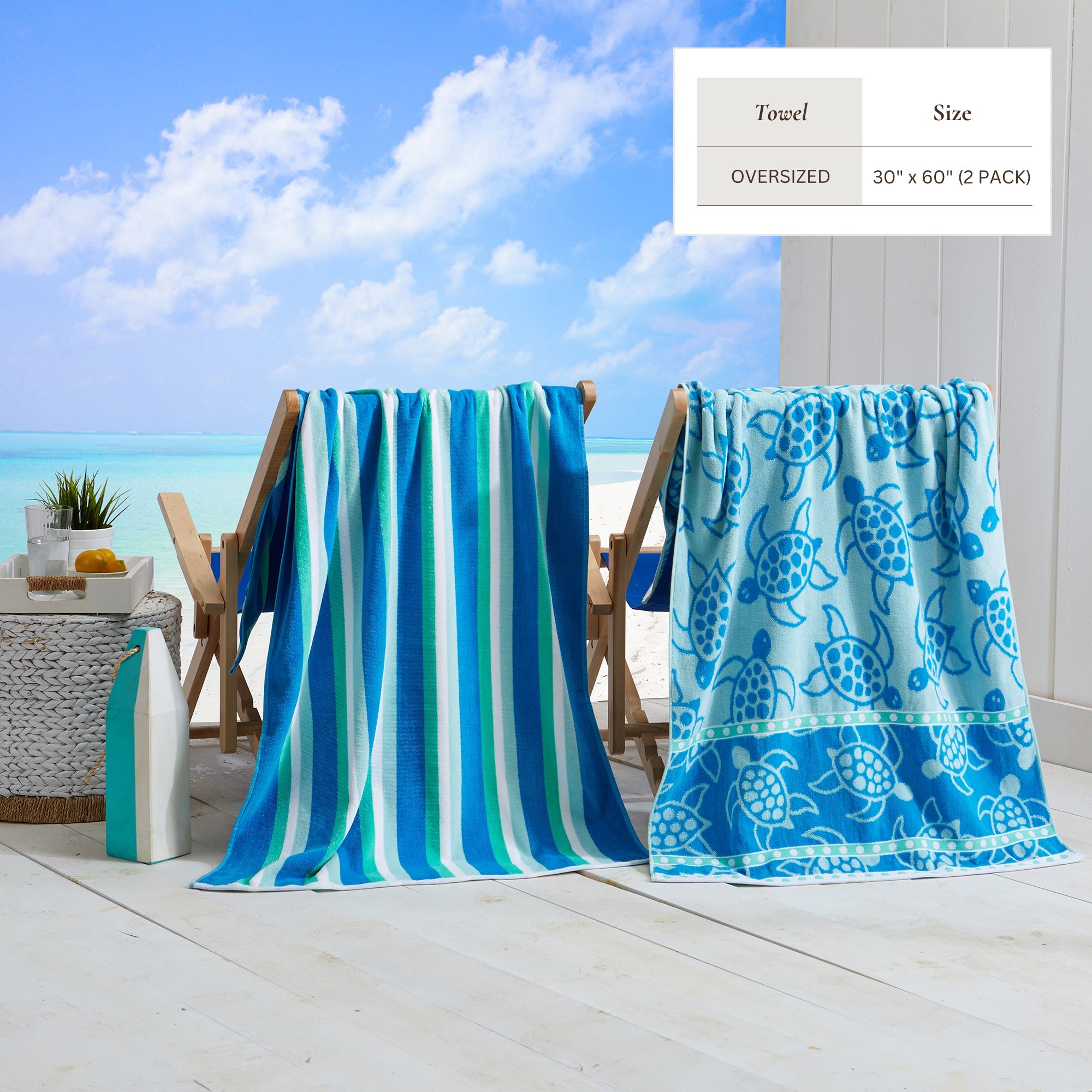 Maui Cotton Velour Beach Towel in vibrant green designs displayed on a chair by the beach.