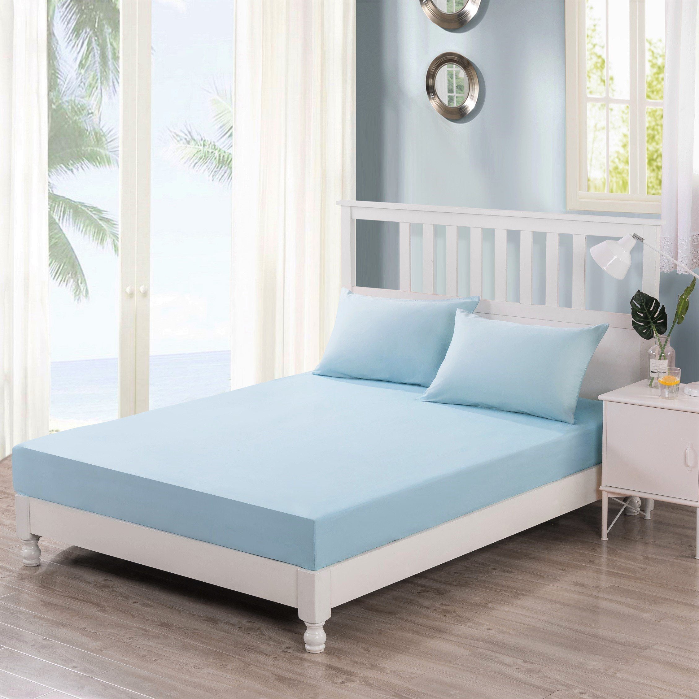 Seafoam Blue Cotton Fitted Sheet Set