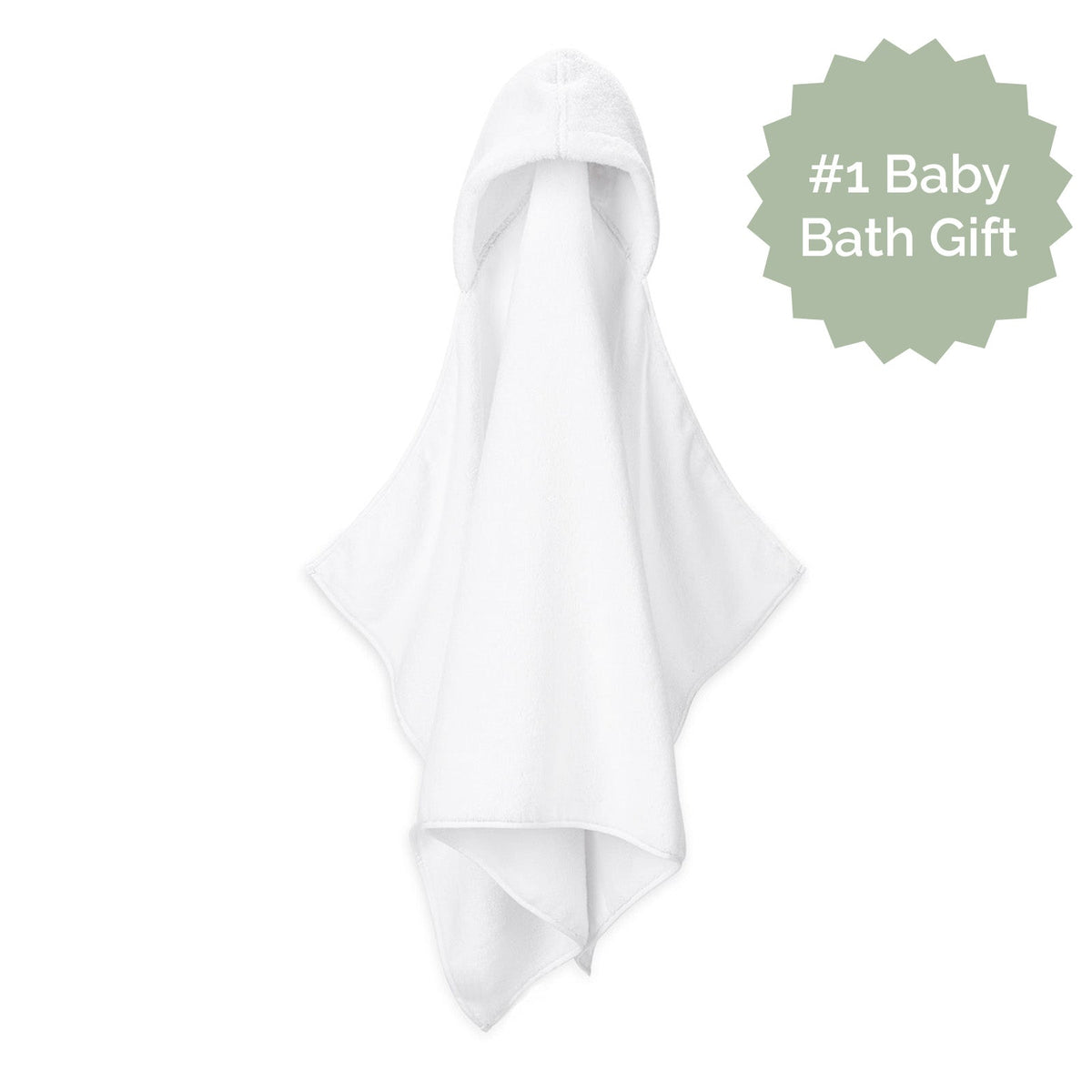 White baby hooded bath towel with number one baby bath gift badge