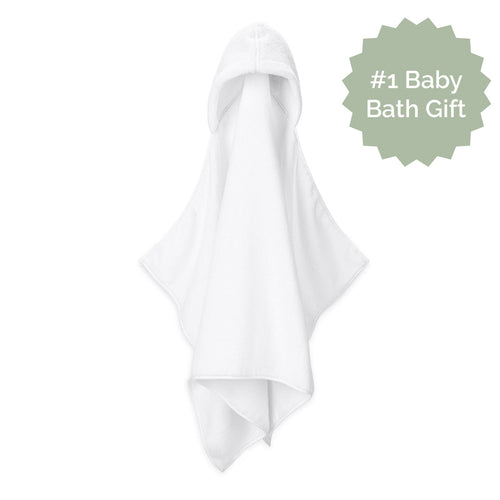 White baby hooded bath towel with number one baby bath gift badge