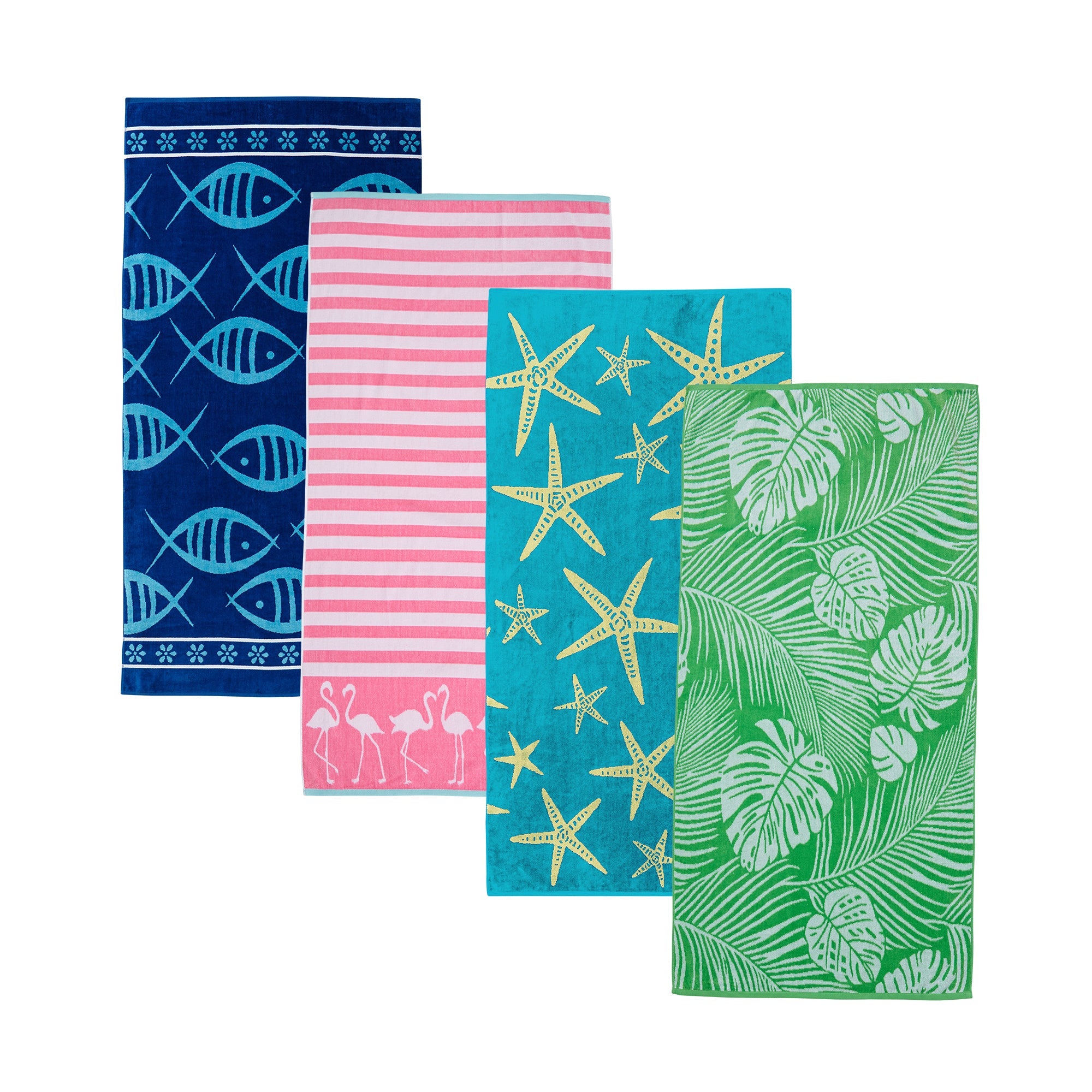 Maui Cotton Velour Beach Towel in vibrant green designs displayed on a chair by the beach.